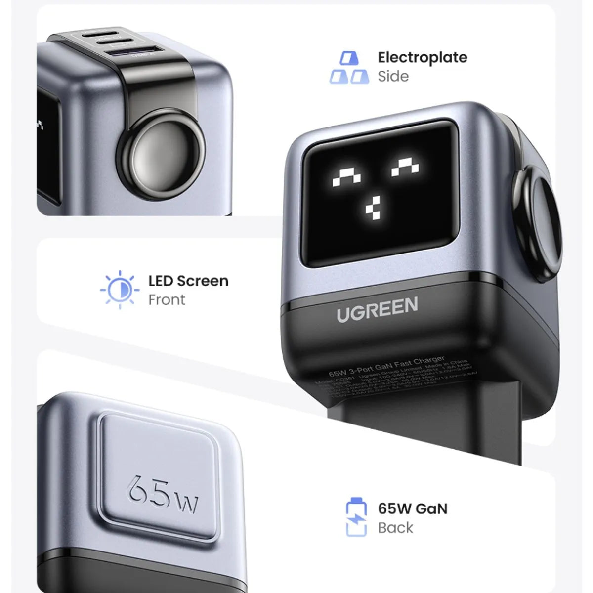 Cargador rápido UGREEN 65W GaN Robot | 2 USB-C + 1 USB-A