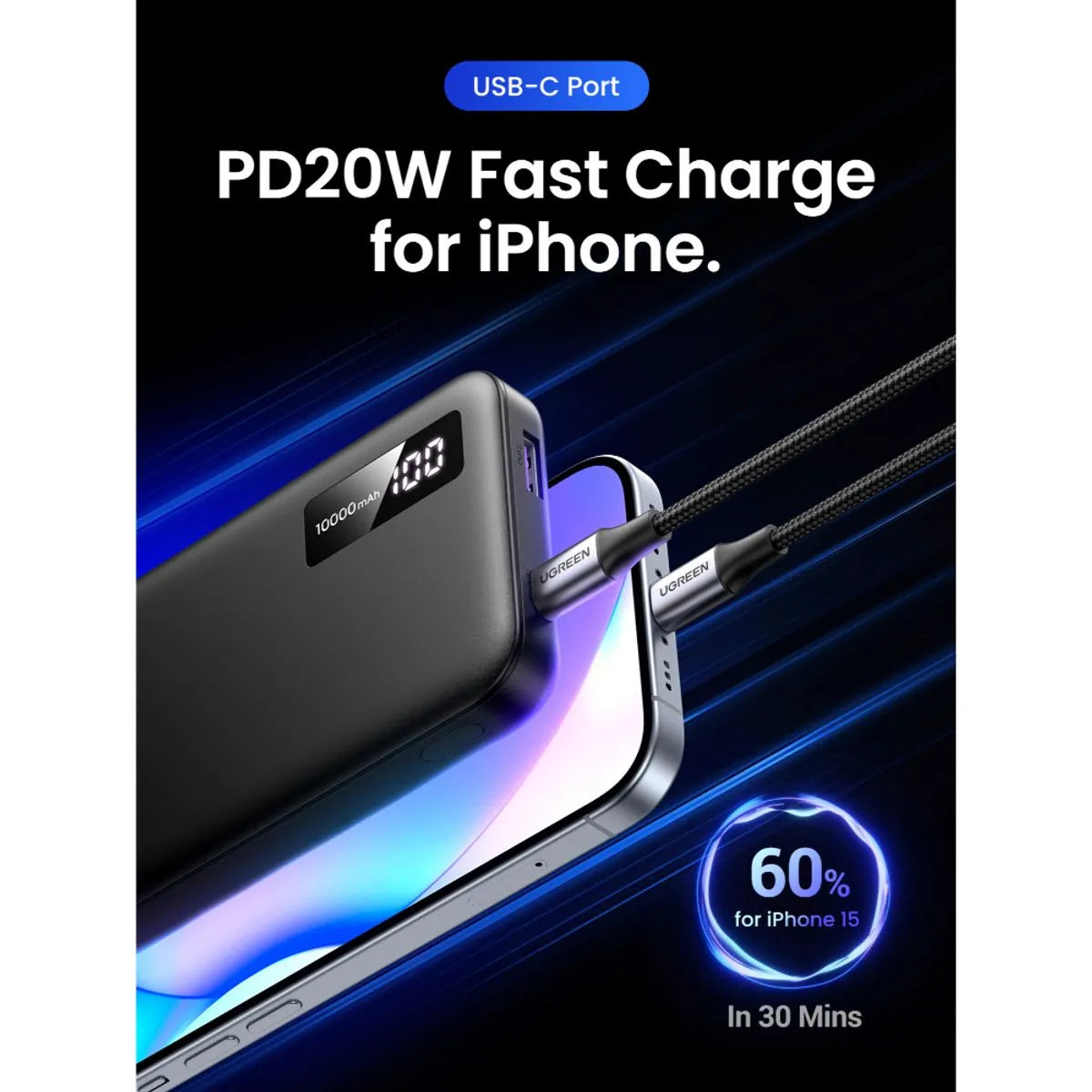 UGREEN Batería Portátil 10.000mAh PD 20W USB-C + USB-A Negro PB311