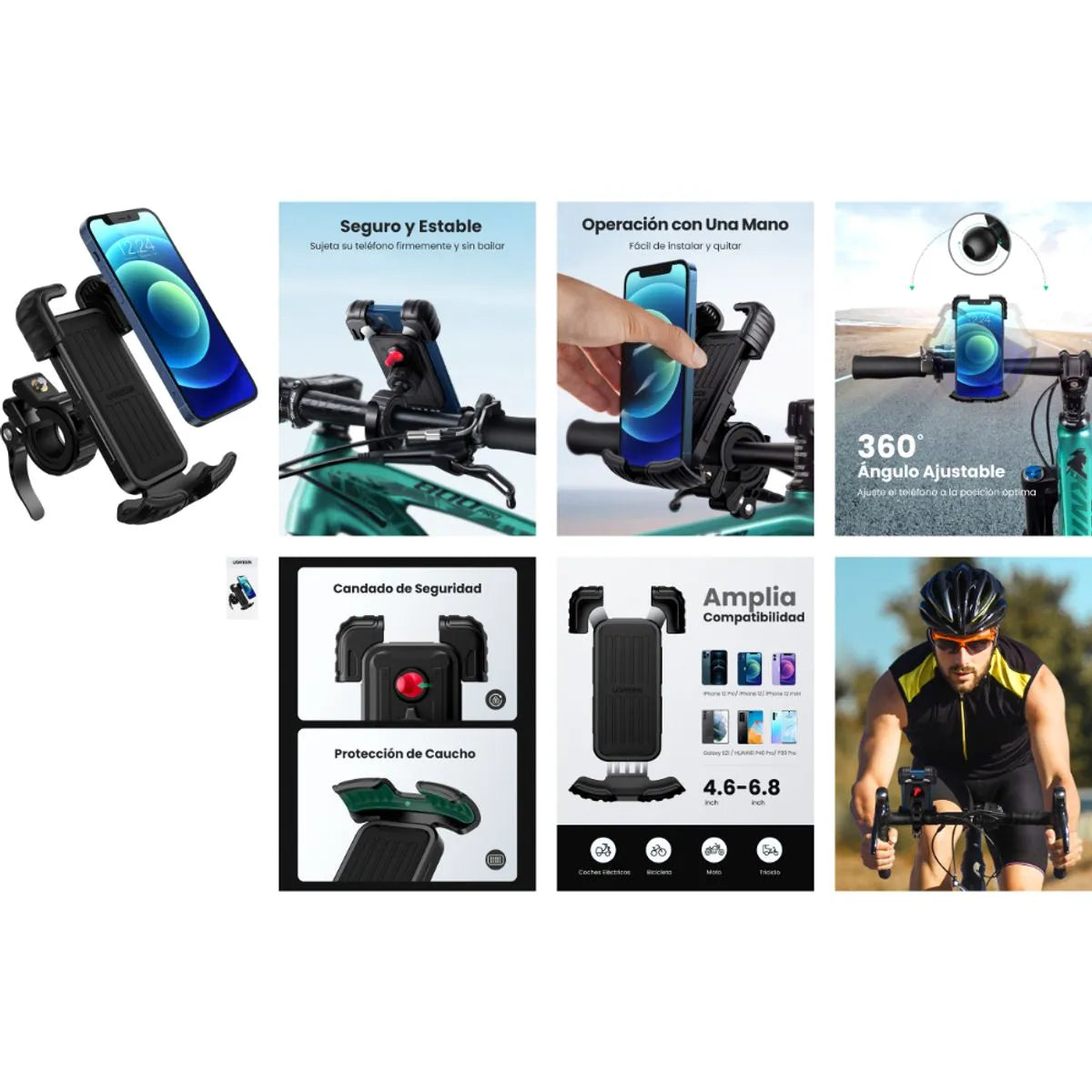 UGREEN Soporte para Celular Bicicleta y Moto 360° con Bloqueo Automático LP494