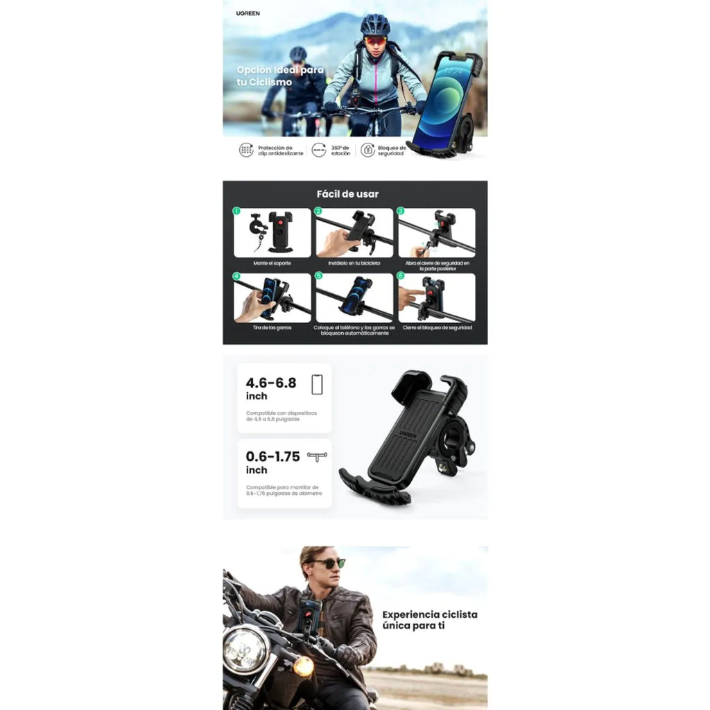 UGREEN Soporte para Celular Bicicleta y Moto 360° con Bloqueo Automático LP494