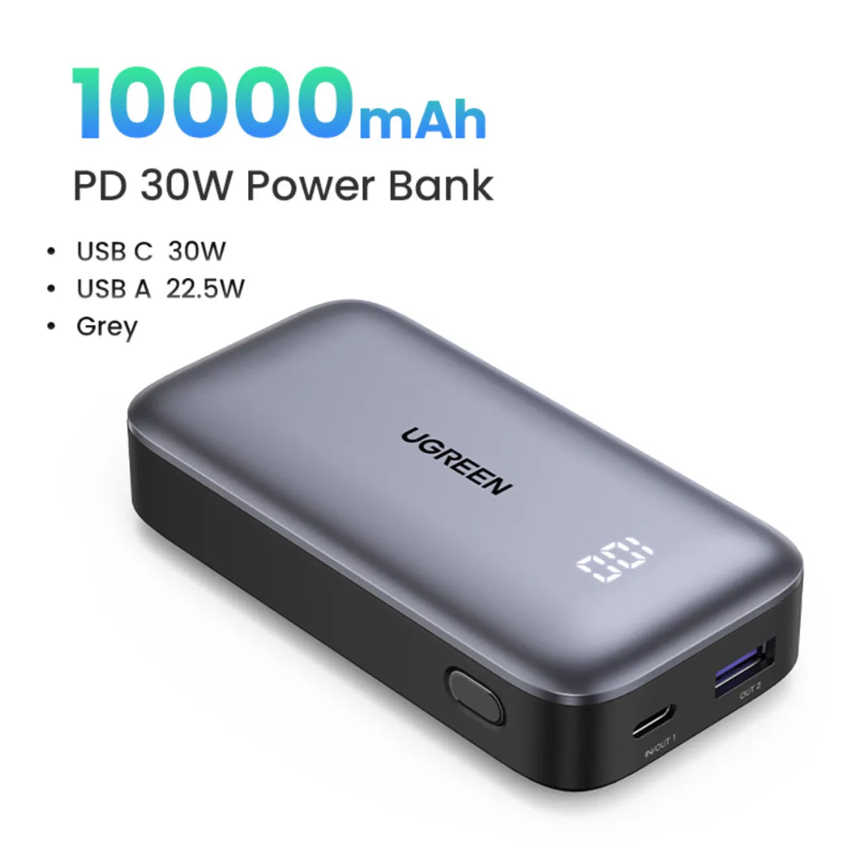 Power Bank UGREEN 10.000mAh Mini 30W con Pantalla Gris PB502